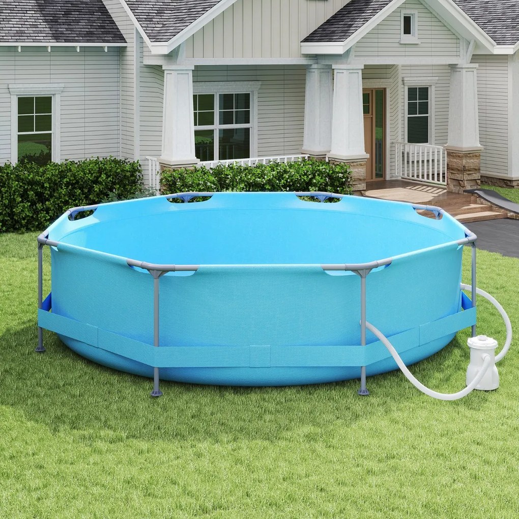 Piscina Redonda diâmetro de 3,6 metros com Estrutura Metálica e Bomba de Filtro Capacidade de 6125 L para Jardim Azul