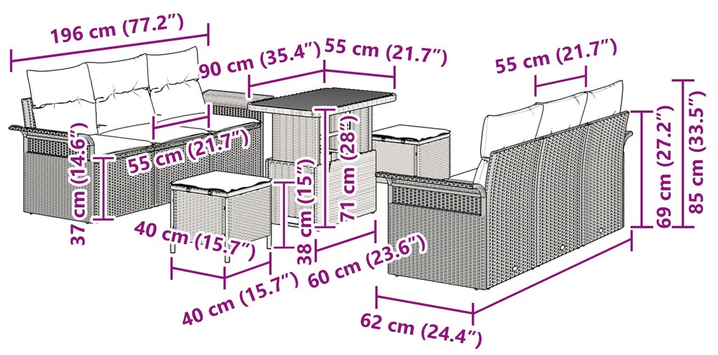 Conjunto de Sofá de Jardim vidaXL com 9 Peças e Almofadas Preto de Rat