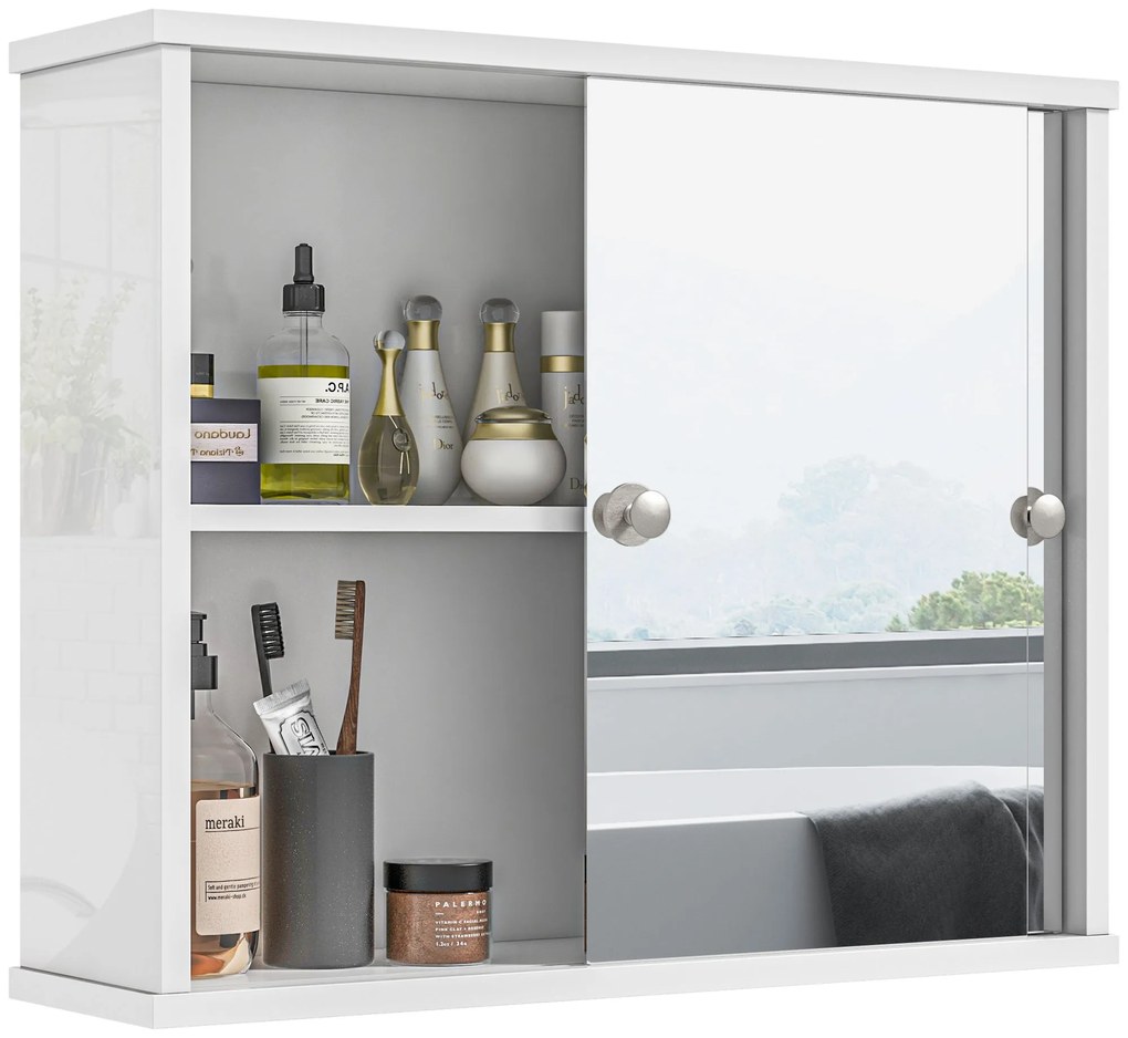 kleankin Armário Casa de Banho com Espelho Prateleira Ajustável e Porta de Correr Dupla com Espelho 55x15x45 cm Branco Brilhante | Aosom Portugal