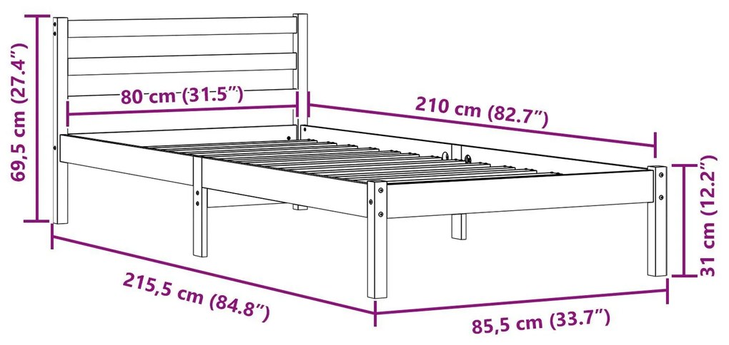 Estrutura de Cama com Cabeceira Branca 80x210 cm Madeira Maciça de Pin