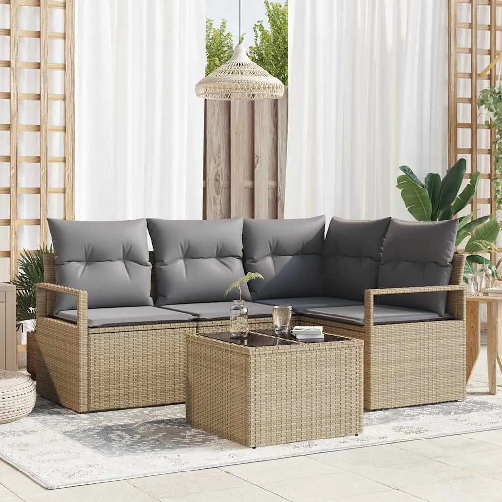 Sofá de Jardim de 5 Peças com Almofadas Pretas em Rattan