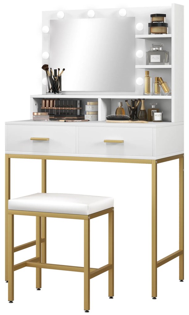 Toucador de Maquilhagem com Luz e Banco Mesa de Maquilhagem com 2 Gavetas e Prateleiras Estilo Moderno para Quarto Branco