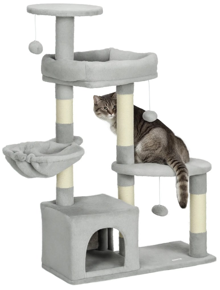 PawHut Arranhador para Gatos com Postes Arranhadores de Sisal Cova Plataformas e Bolas Suspensas 65x30x104 cm Cinzento Claro | Aosom Portugal