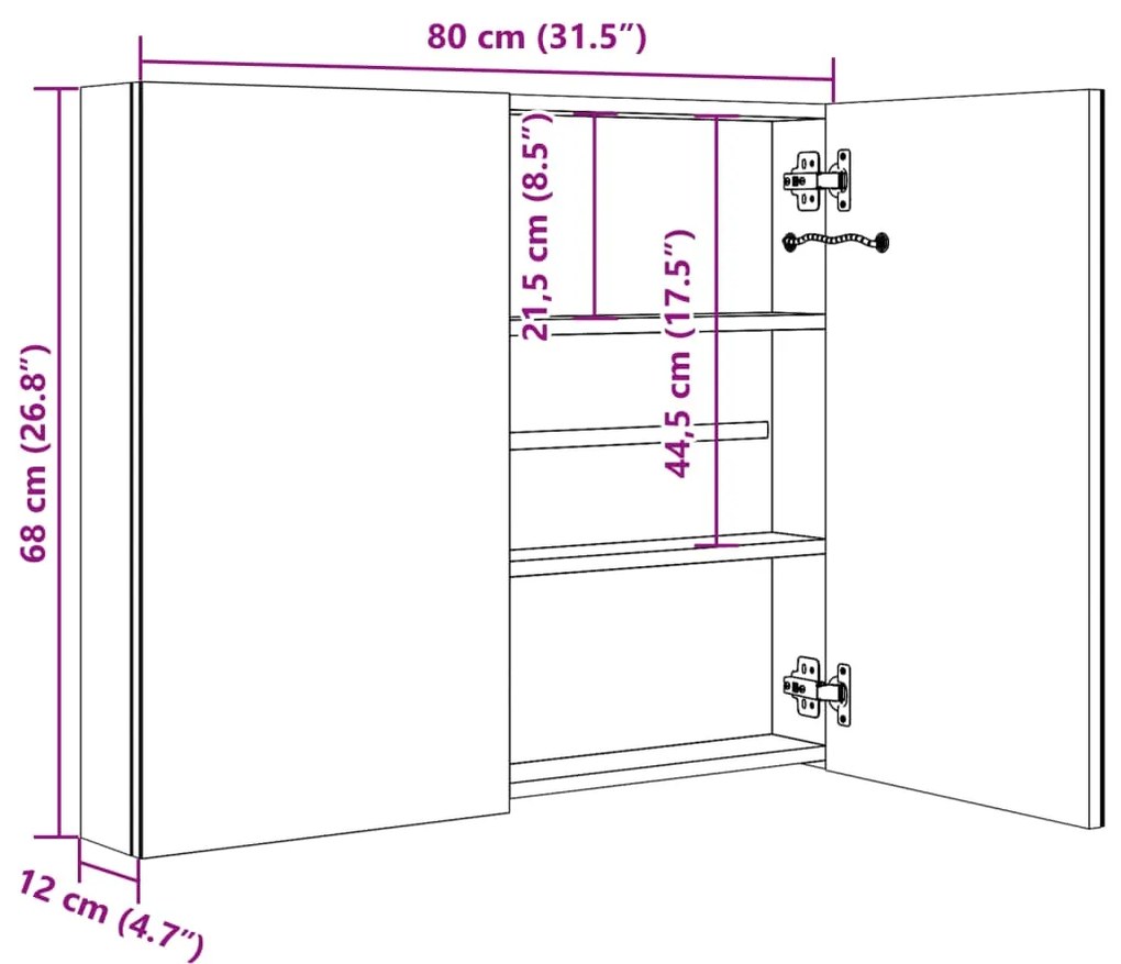 Armário espelhado casa de banho LED 80x12x68 cm cinza brilhante