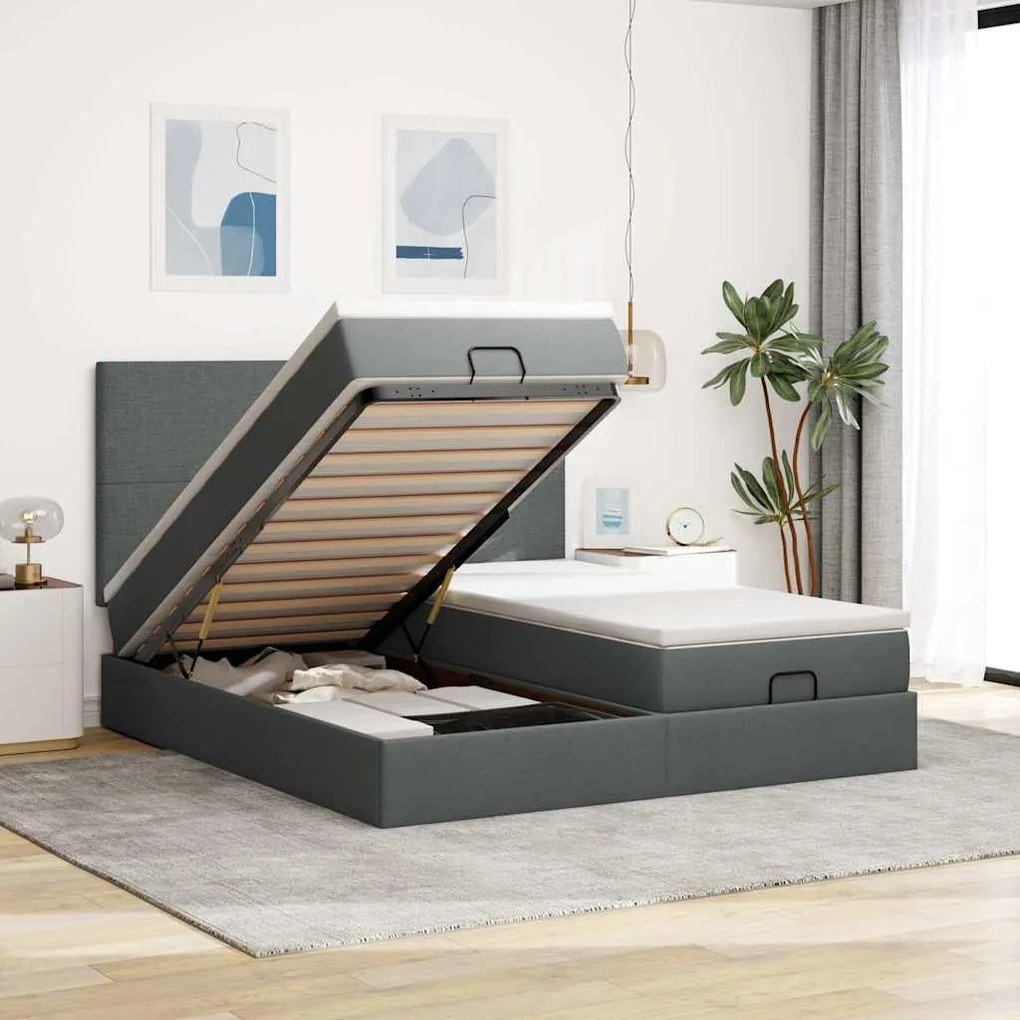 Estrutura de cama otomana com colchões tecido cinzento escuro
