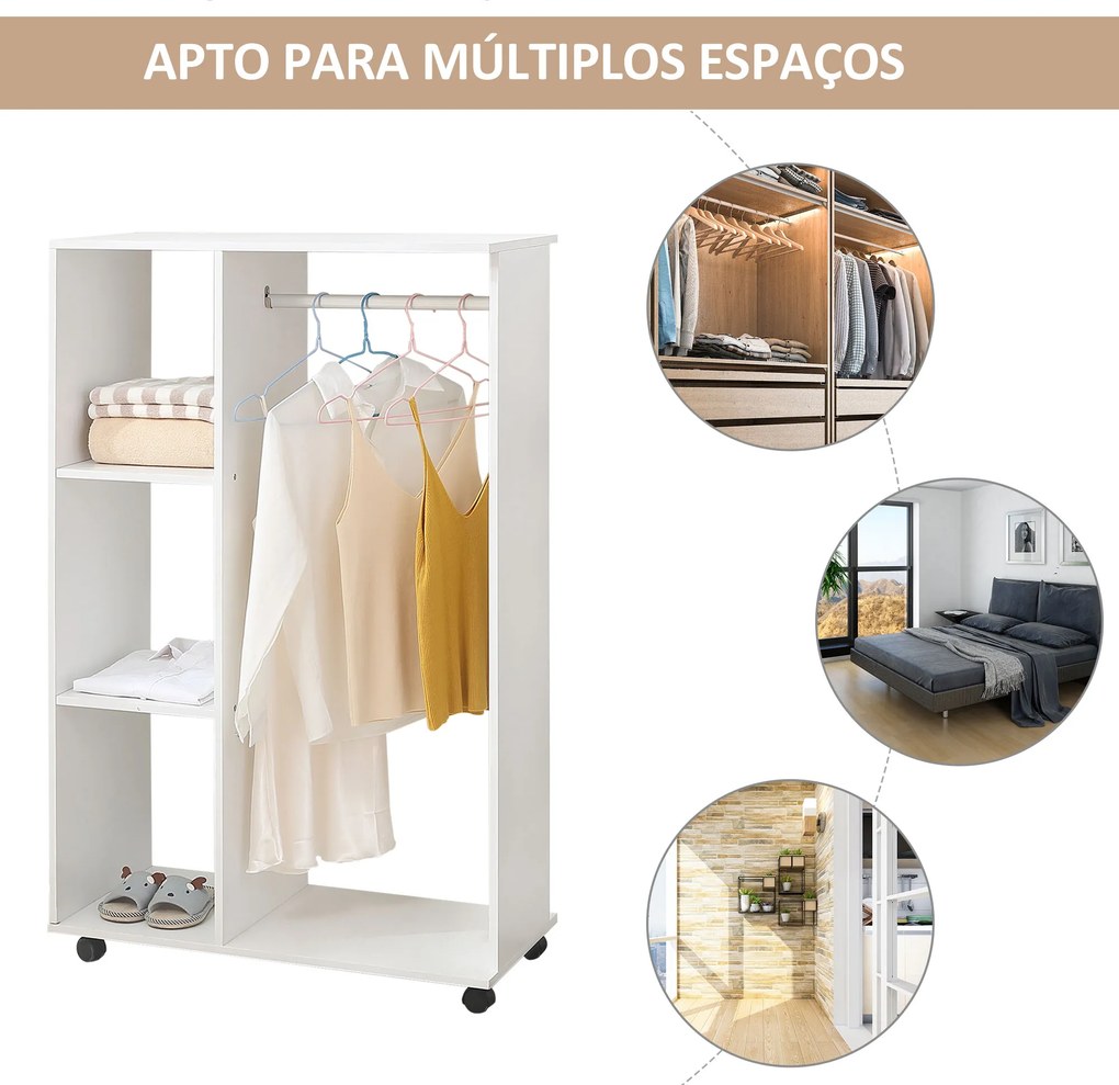 Guarda Roupa de Madeira Móvel Armário Roupeiro Aberto com Barra para Pendurar e 3 Prateleiras Organizadoras 80x40x128cm Branco