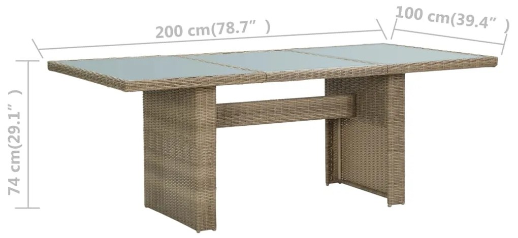 Mesa de jantar jardim 200x100x74 cm vidro e vime PE castanho