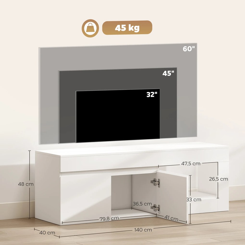 Móvel de TV com 2 Portas Prateleira Aberta Móvel de TV Televisóres de 60 Polegadas 140x40x48 cm Branco