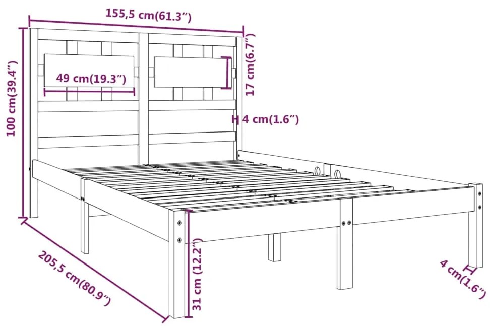 Estrutura de cama king 150x200 cm madeira maciça cinza