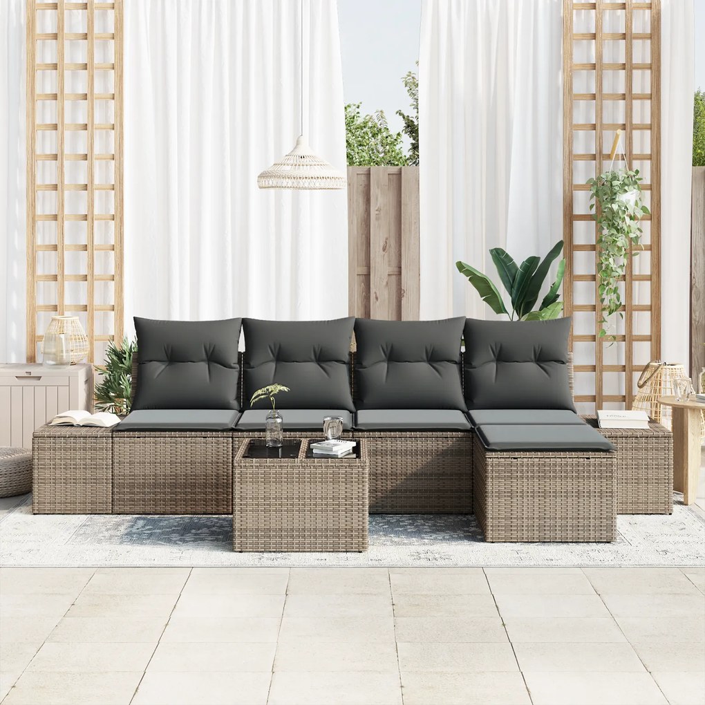 Conjunto de Sofá de Jardim de 5 Peças com Almofadas em Polirattan Pret