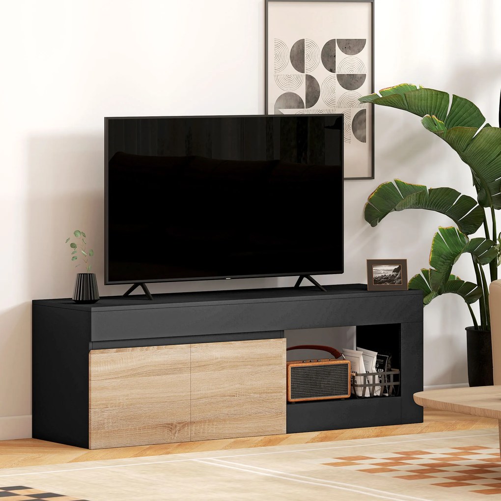 Móvel de TV 140 x 40 x 48 cm com 2 portas para televisores até 60 polegadas, com armário e prateleira aberta, preto