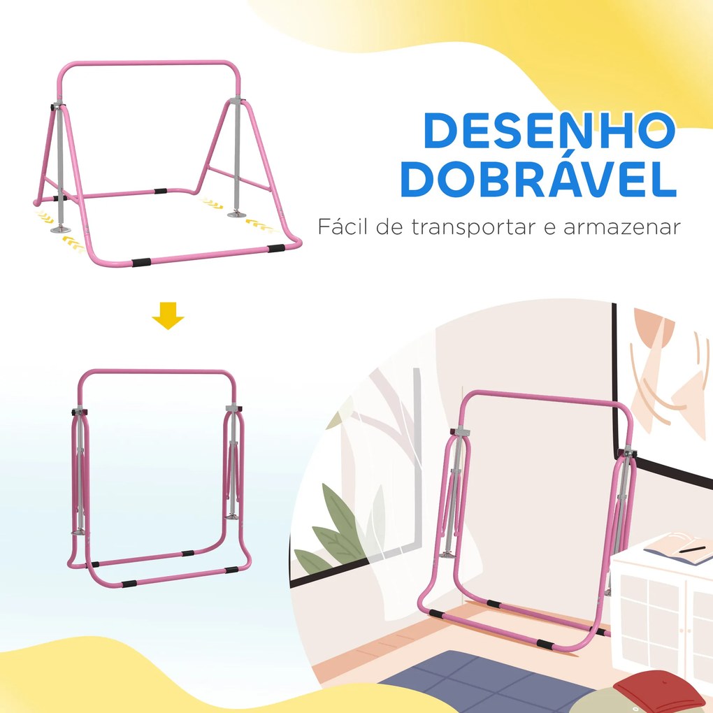 Barra de Ginástica para Crianças Dobrável com Altura Ajustável para Treino em Casa 154x106,2x88,5-128,5 cm Rosa
