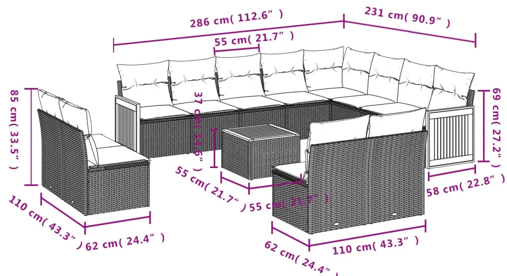 13 pcs conjunto de sofás de jardim com almofadões vime PE preto