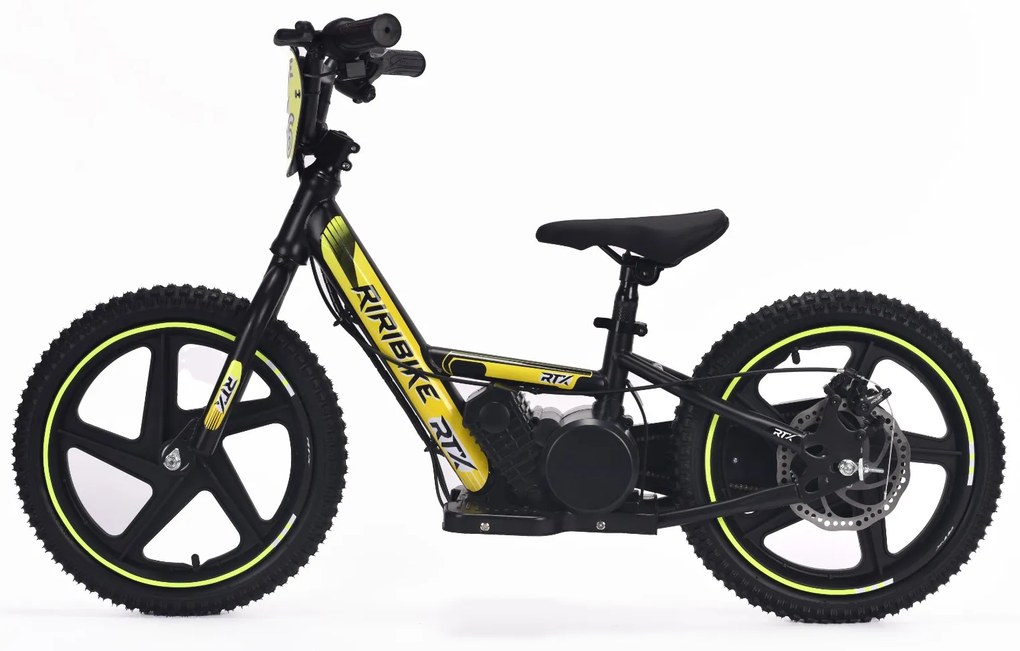 Bicicleta eléctrica para crianças RIRIBIKE RTX6 24V (16") bateria de lítio, motor de 250 watts, travão de disco, assento ajustável em PU macio Amarela
