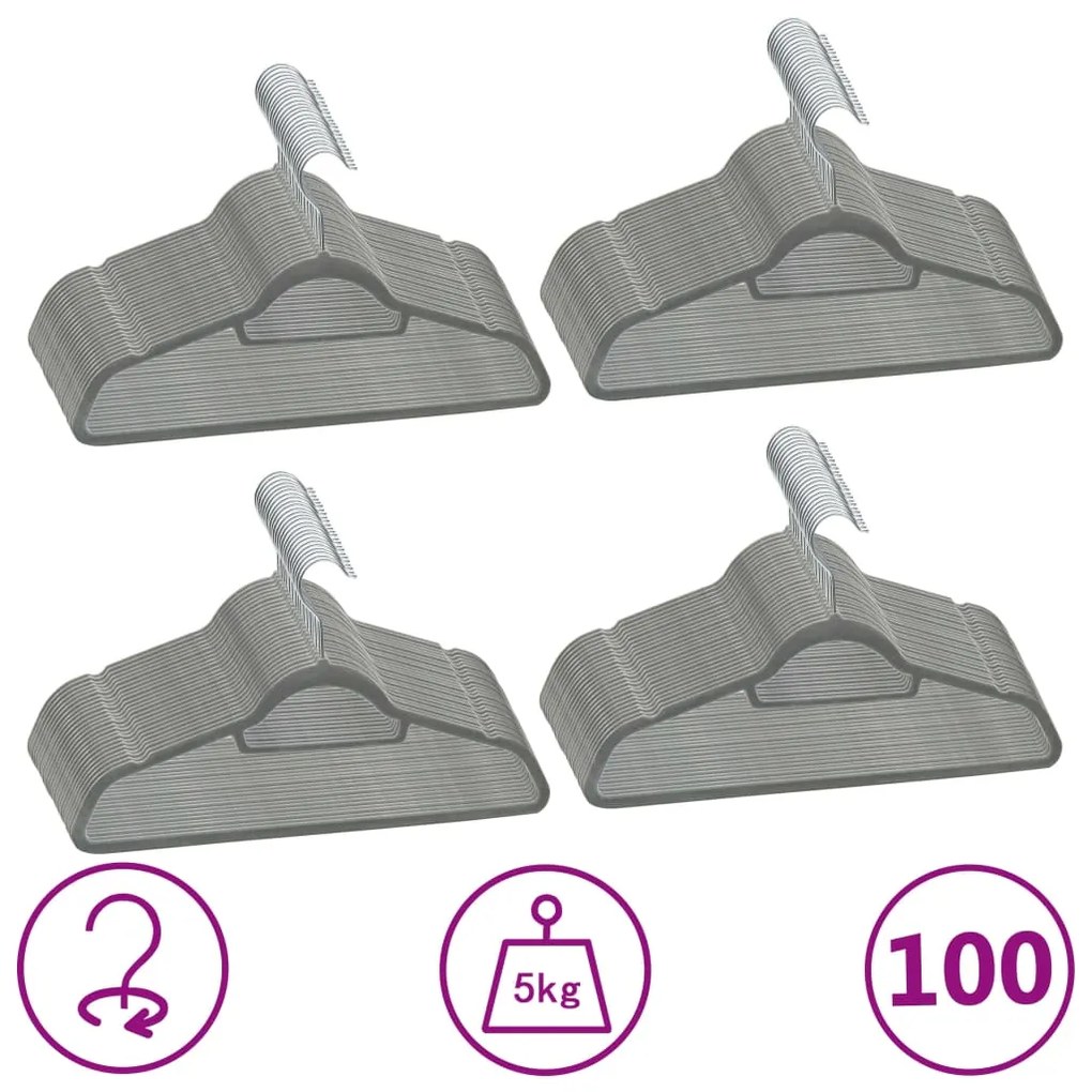 289919 vidaXL 100 pcs conjunto de cabides antiderrapantes veludo cinzento