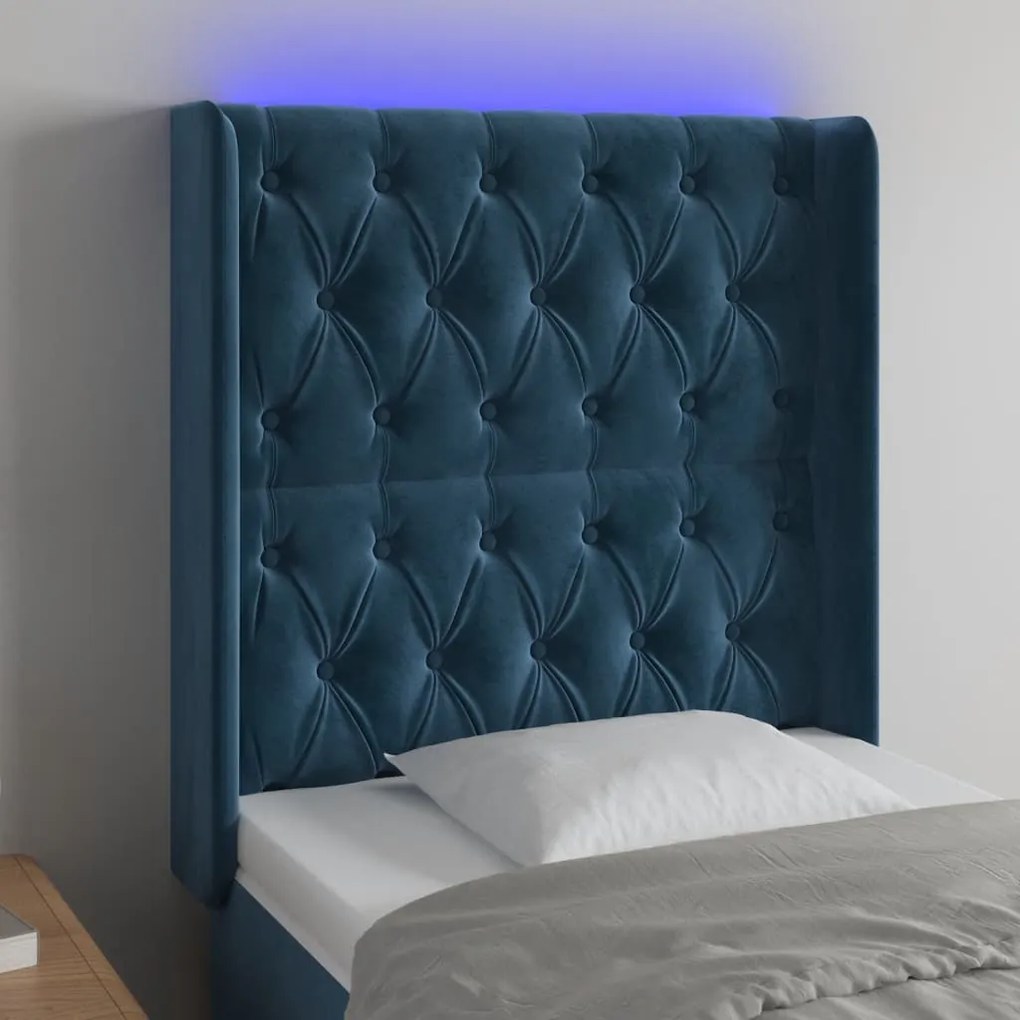 Cabeceira cama c/ luzes LED veludo 83x16x118/128 cm azul-escuro