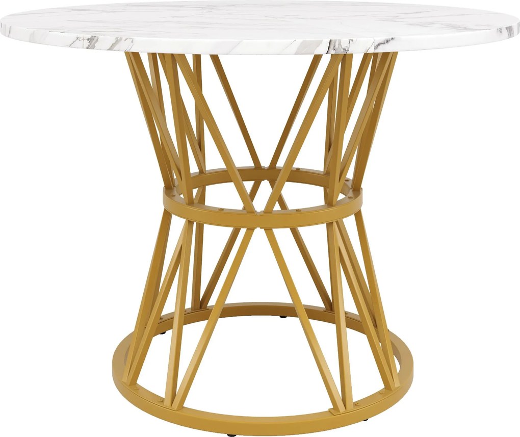 Mesa de jantar redonda para 4 pessoas, pés de metal elegantes, tampo em MDF, 100x100x76 cm, Branco+Ouro