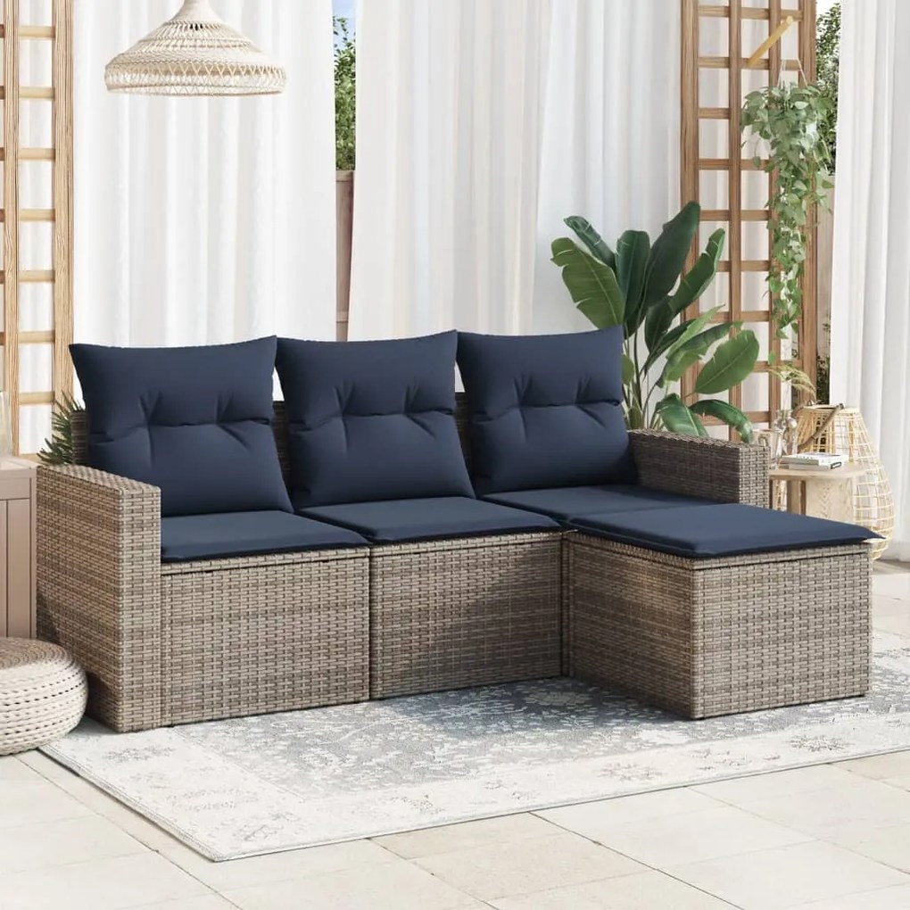 vidaXL 4 pcs conjunto sofás p/ jardim c/ almofadões vime PE cinzento