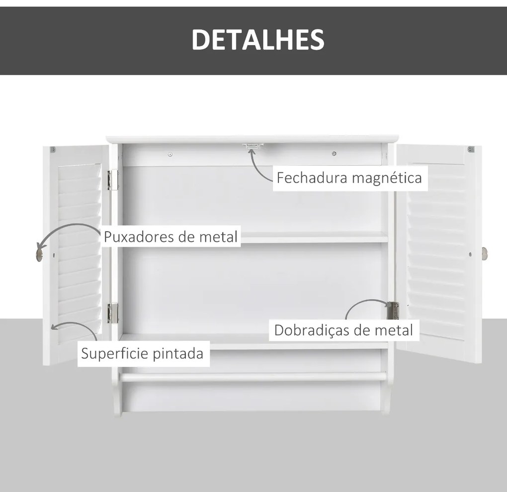 Armário Casa de Banho de Parede 60x23x60cm com 2 Portas de Persiana Prateleira Interior e Barra para Toalhas Móvel Auxiliar Suspenso Moderno Multiuso