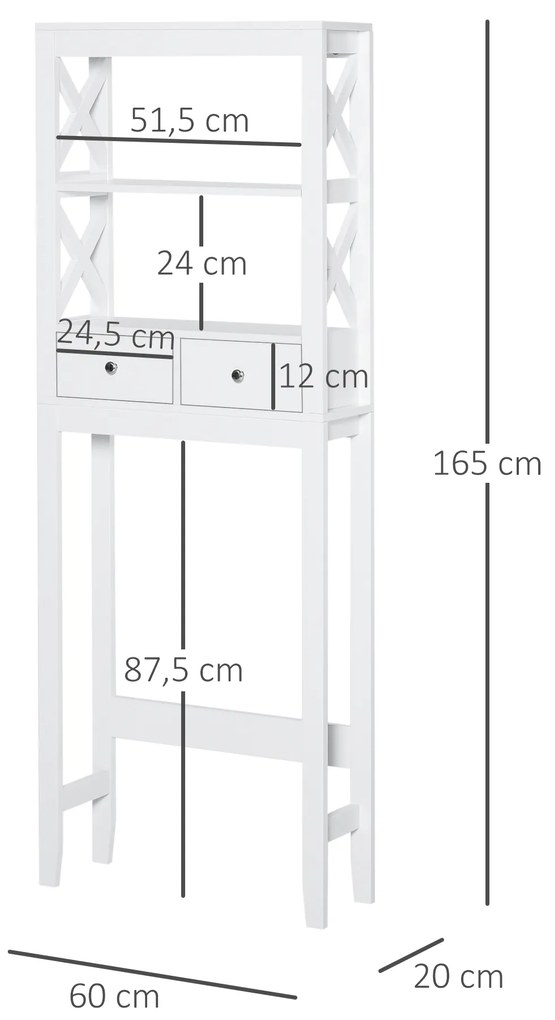 Kleankin Prateleira de banheiro Armário com 3 prateleiras e 2 gavetas com dispositivo anti-queda 60x20x165 cm Branco