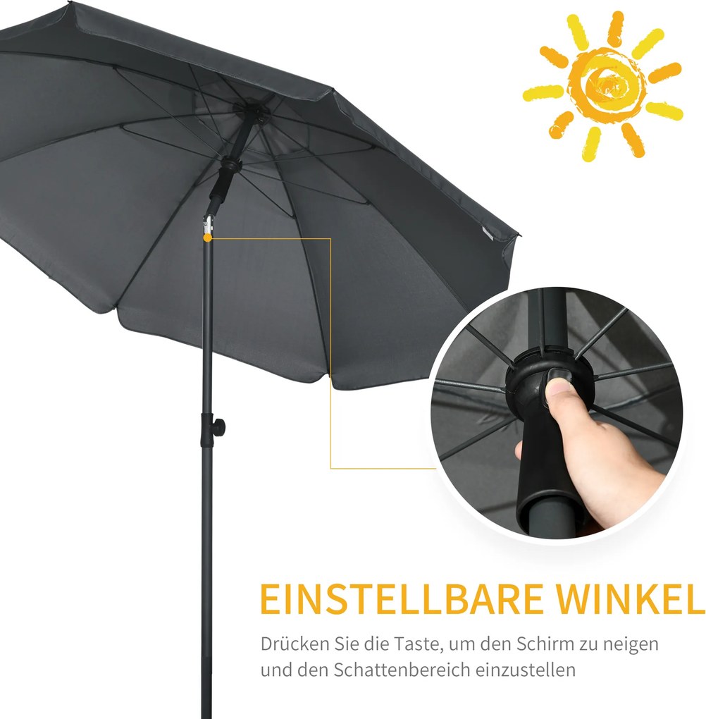 Chapéu de Sol de Praia Grande Ø180 cm Chapéu de Sol de Exterior com Ângulo Ajustável Proteção UV50+ Mastro de Ø32 mm Cinza
