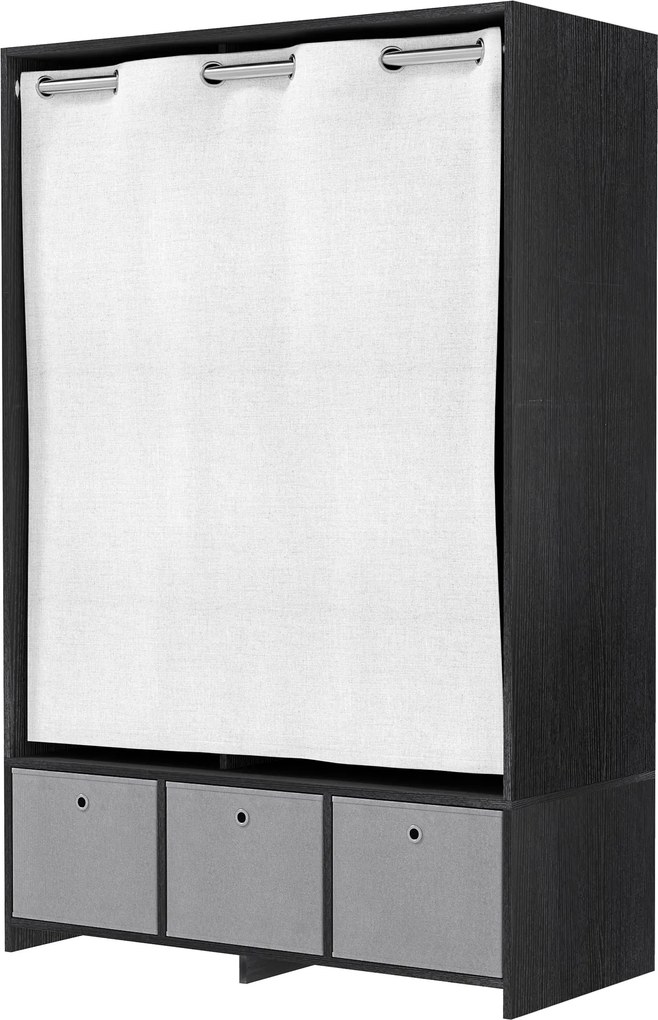 Guarda Roupa com barra para cortinas 105 x 48 x 160 cm, 3 compartimentos abertos e 3 gavetas de tecido removíveis, preto, cinzento