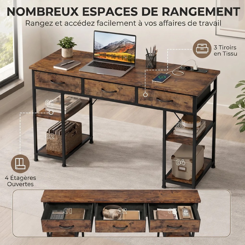 Secretária com espaço de arrumação e tomadas elétricas, 3 gavetas em tecido e 4 prateleiras, 120 x 40 x 76 cm, castanho