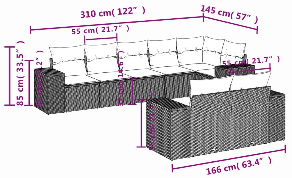 8 pcs conjunto de sofás p/ jardim com almofadões vime PE bege