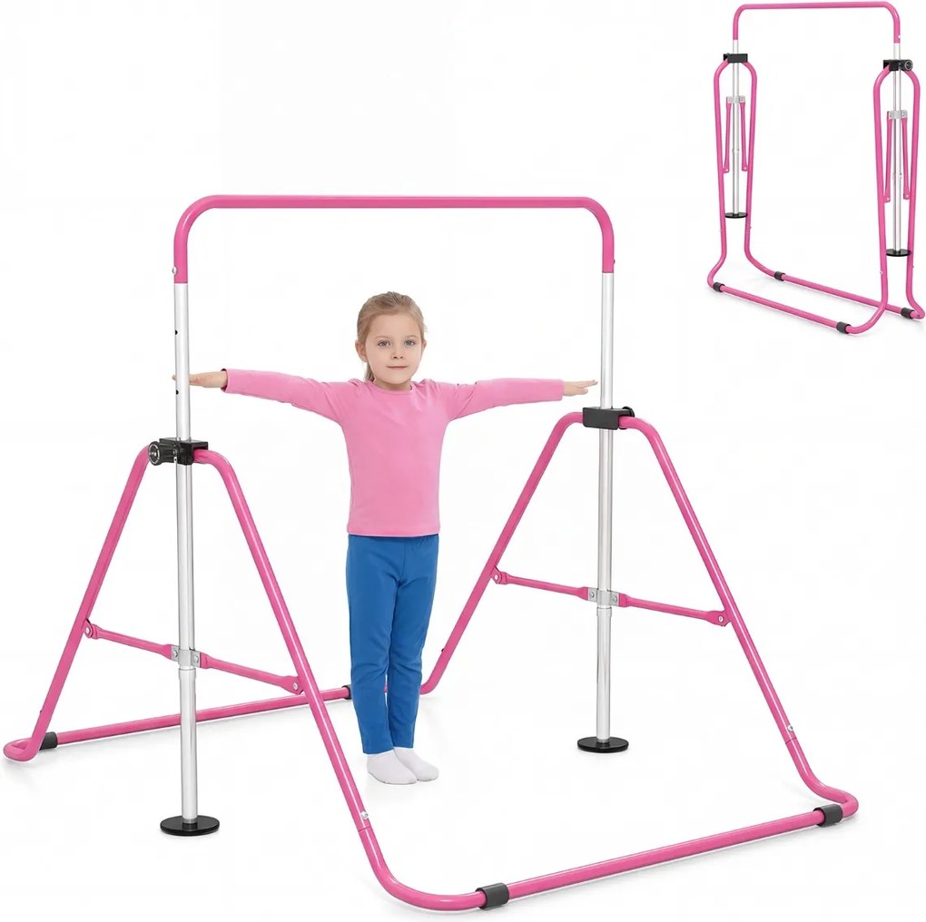 Barra de ginástica infantil dobrável, altura ajustável, base antiderrapante 3-12 anos, Rosa