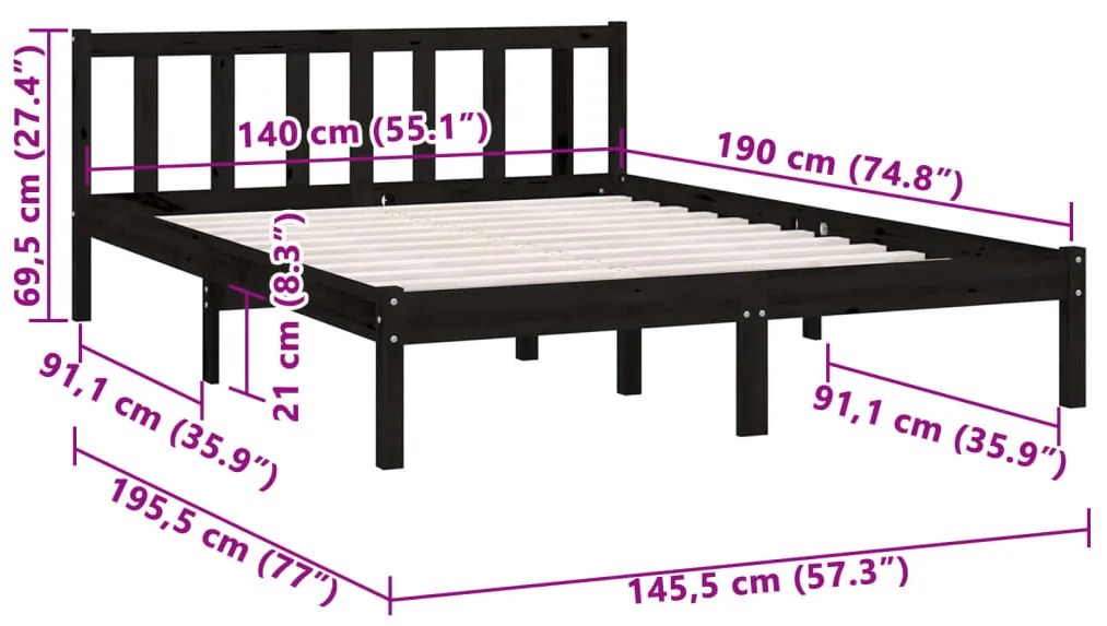 Estrutura de cama 140x190 cm pinho maciço preto