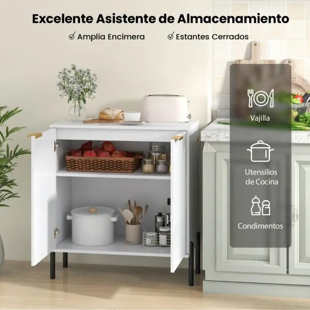 Aparador de 2 portas 70 x 37 x 78 cm com prateleira Pés de metal Kit antiderrapante e dobradiças ajustáveis Móvel moderno Armário branco