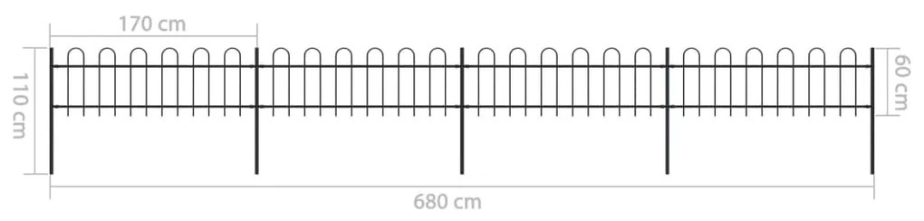 Cerca de jardim com topo em aros 6,8x0,6 m aço preto