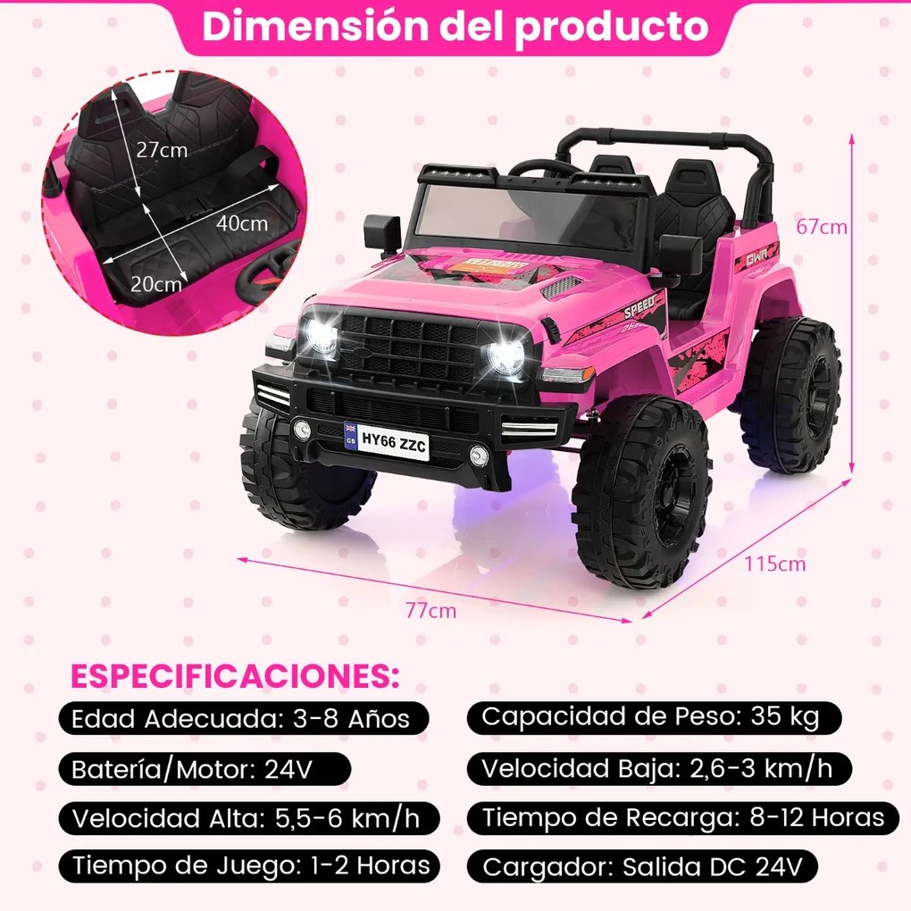 Carro Elétrico para Crianças de 2 Lugares com Bateria 24V com Controlo Remoto Bluetooth Música Luzes LED Rosa