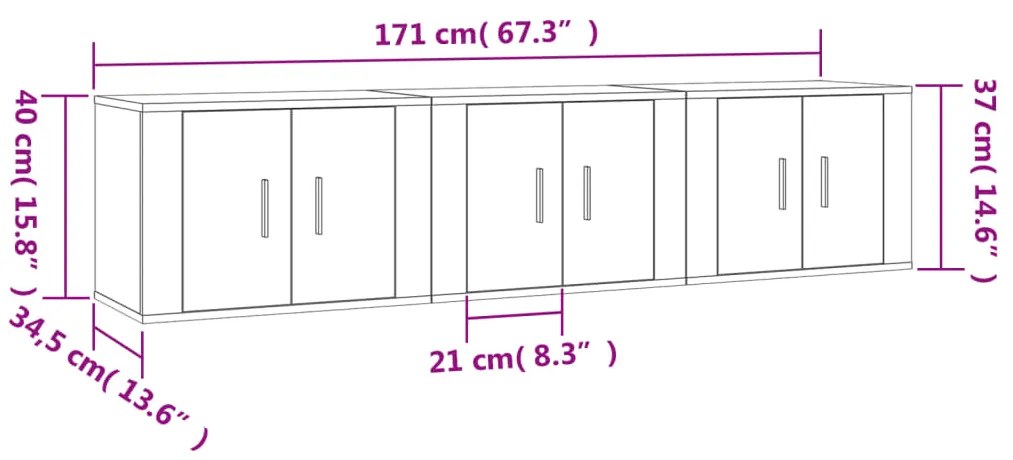 Móveis de TV de parede 3 pcs 57x34,5x40 cm preto