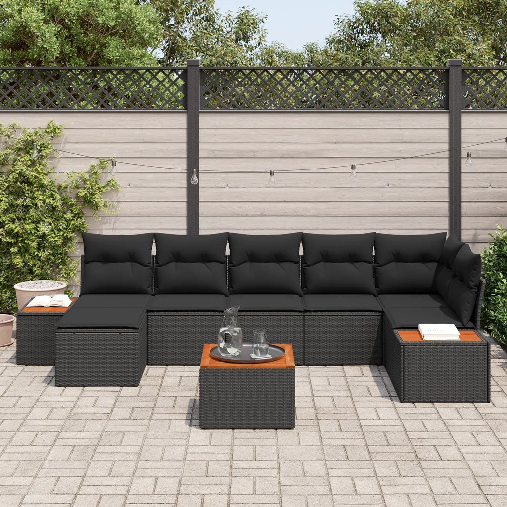Conjunto de Sofá de Jardim com 8 Peças e Almofadas Preto Polyrattan Ac
