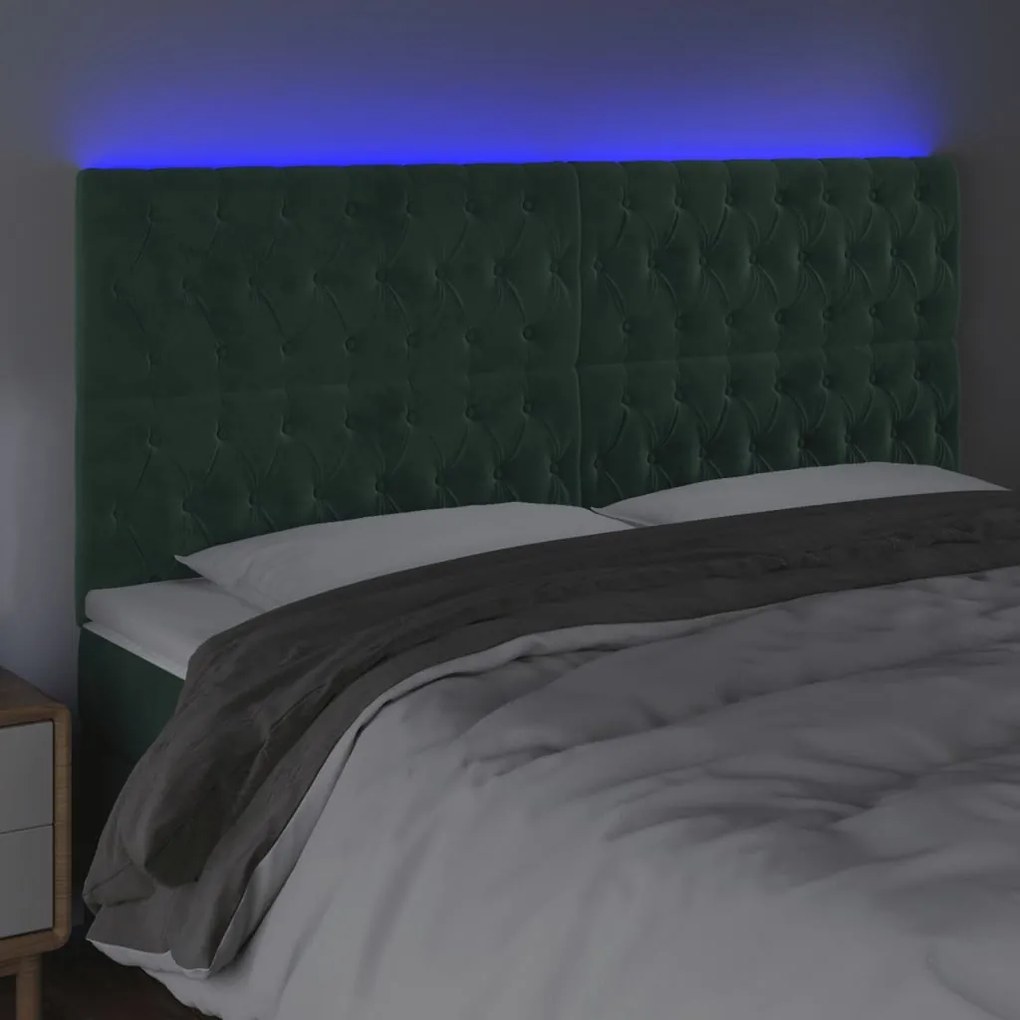 Cabeceira de cama c/ LED veludo 180x7x118/128 cm verde-escuro