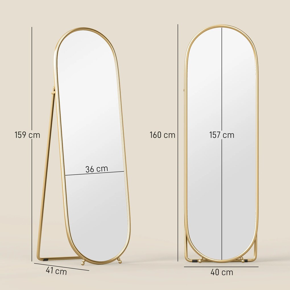 Espelho de Pé Oval 160x40 cm Espelho de Corpo Inteiro com Moldura Metálica Suporte e 2 Formas de Utilização Dourado