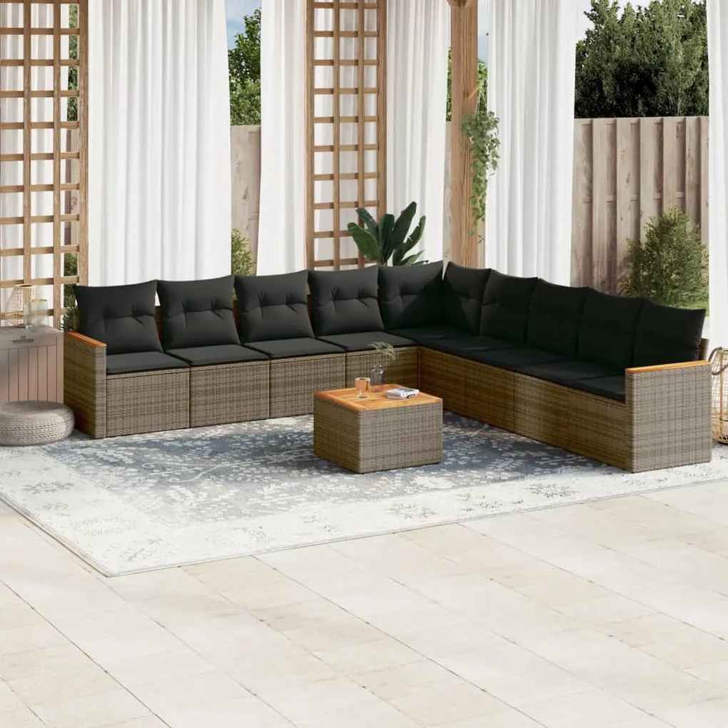 10 pcs conjunto sofás de jardim c/ almofadões vime PE cinzento