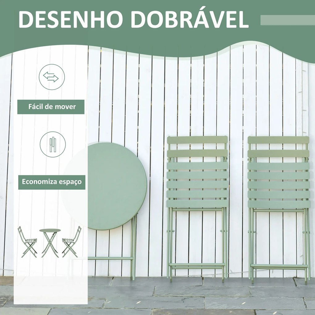 Conjunto de Móveis de Jardim Dobráveis Conjunto de 1 Mesa Redonda e 2 Cadeiras de Varanda com Estrutura de Aço Verde Escuro