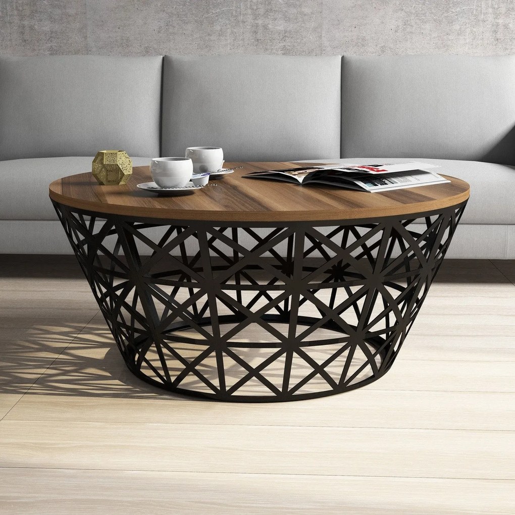 Mesa de Centro Stil Metal Ferforje – Nogueira/Preto – 90x90x38 cm