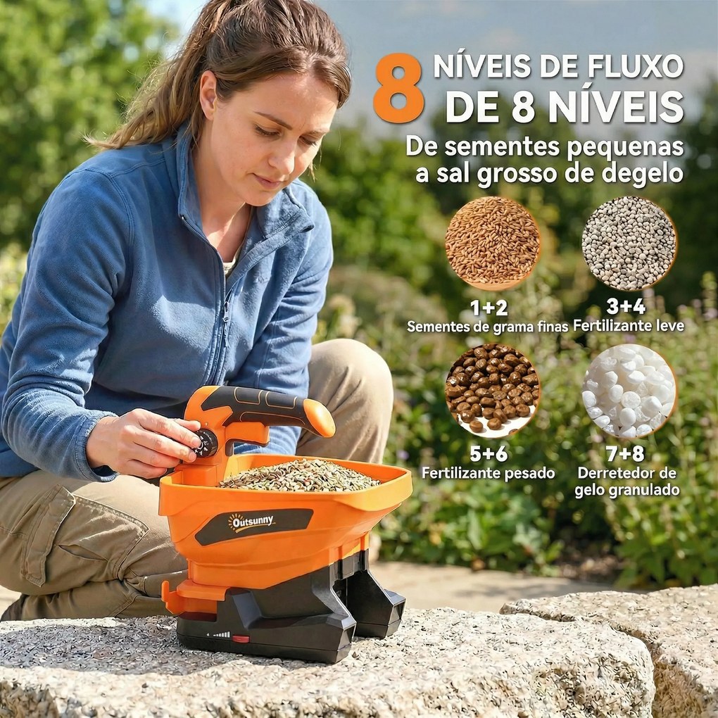 Distribuidor jardim Portátil 3,3 L 8 Níveis de Fluxo Largura de Dispersão Ajustável Porta USB para Relva Sal até 800 m² 26x22x27,5 cm Laranja