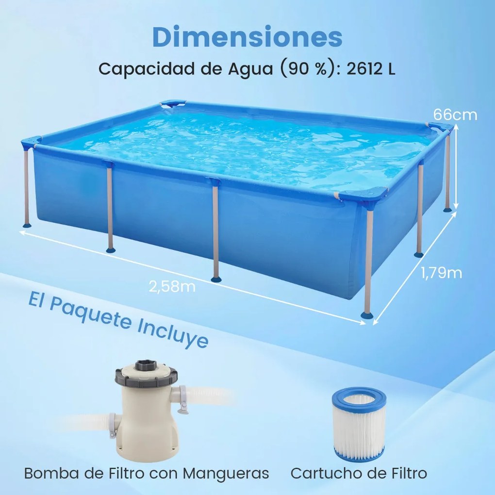 Piscina retangular com bomba de filtro artucho e estrutura metálica 258 cm x 179 cm x 66 cm Azul