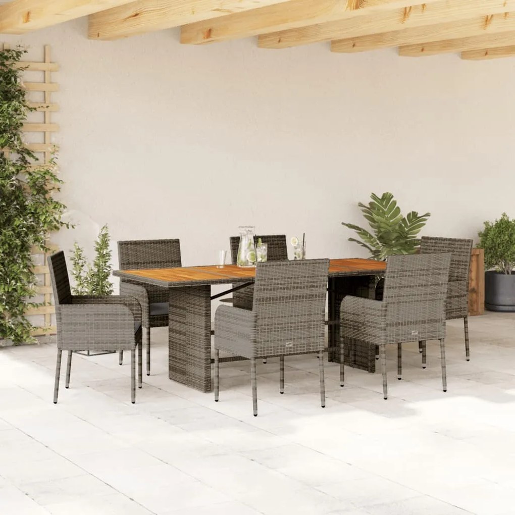 vidaXL 7 pcs conjunto de jantar p/ jardim c/ almofadões vime PE cinza