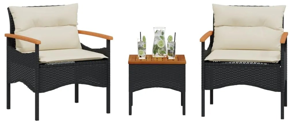 3 pcs conjunto sofás de jardim com almofadões vime PE preto