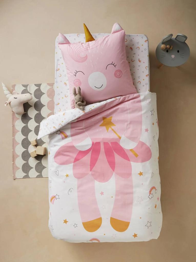Conjunto capa de edredon + fronha de almofada, para criança, tema CRAZY UNICÓRNIO rosa claro liso com motivo