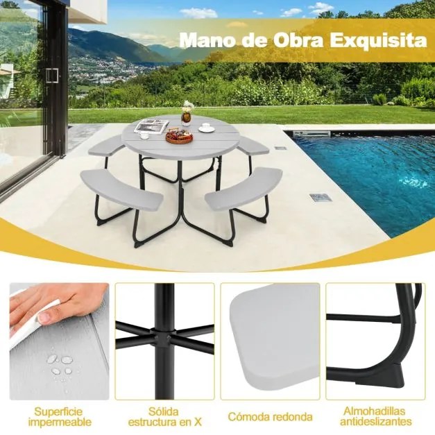 Conjunto de jardim para 8 pessoas com mesa e 4 bancos, orifício para guarda-sol e mesa de campismo redonda para piquenique no jardim Carga 225 kg Cinz