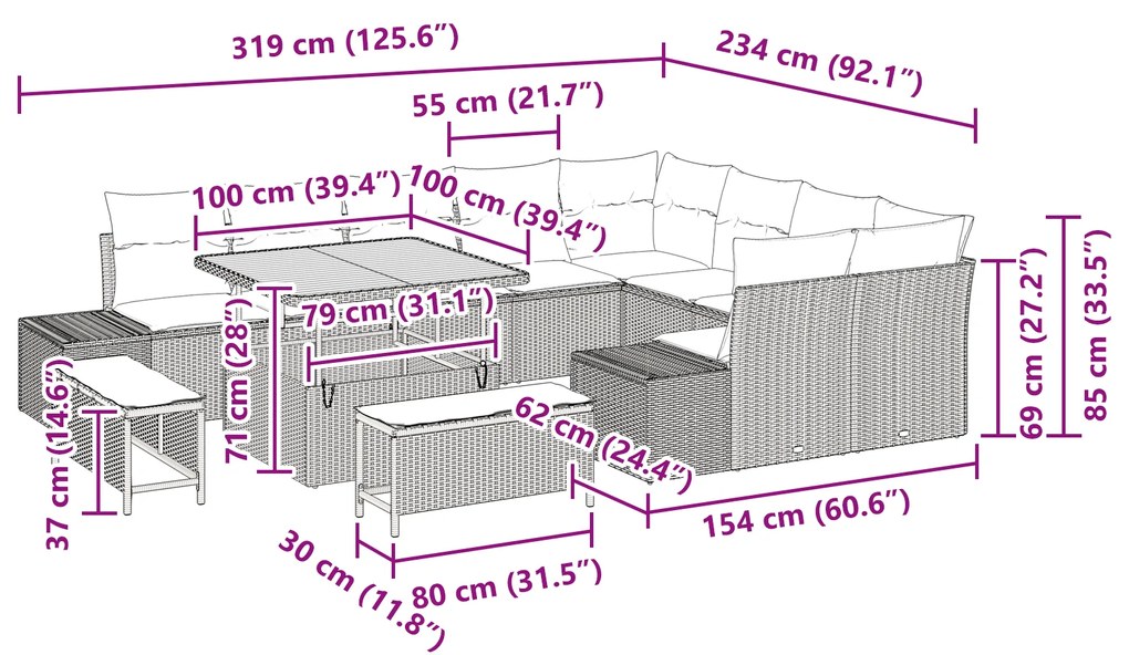 Conjunto de Sofá de Jardim vidaXL com 12 Peças e Almofadas Bege Rattan