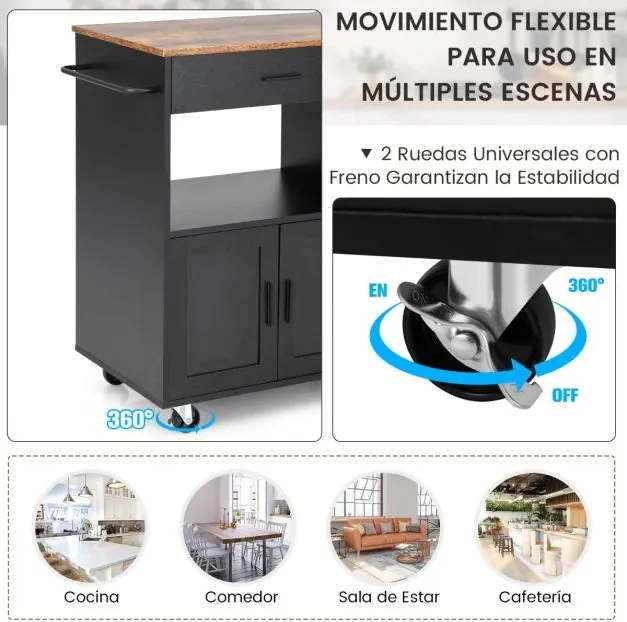 Carrinho de cozinha com rodas com 3 prateleiras abertas para especiarias, gaveta grande com 2 portas e toalheiro 75 x 50 x 92 cm Preto