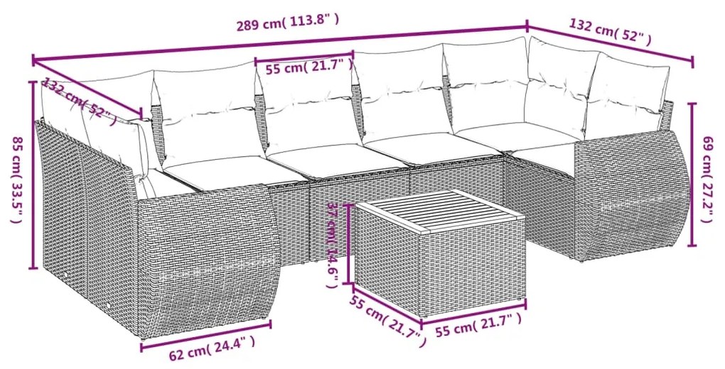 8 pcs conjunto sofás de jardim com almofadões vime PE preto
