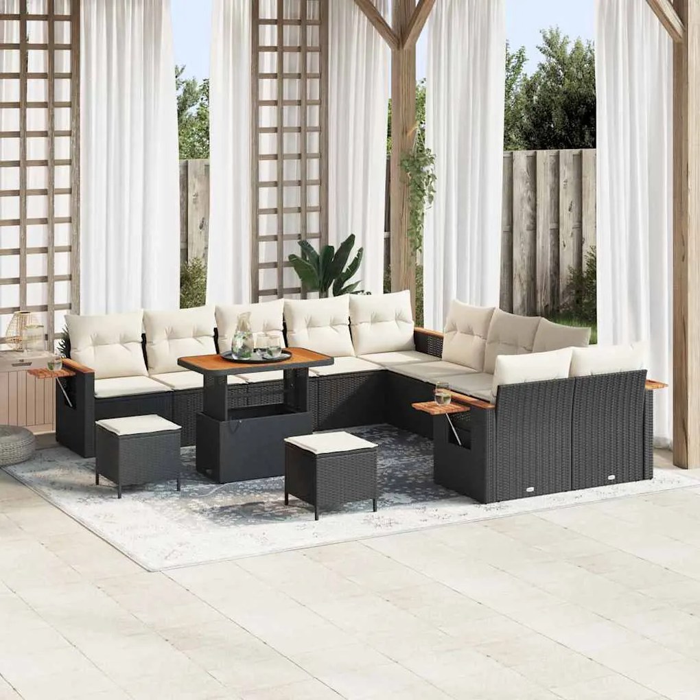Conjunto de Sofá de Jardim de 13 Peças com Almofadas Preto Polirattan